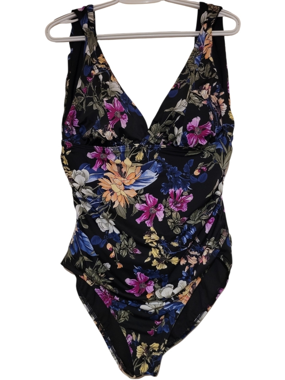 Time and Tru One Piece Swimsuit Womens XL Black with Florals Wide Straps No Wire